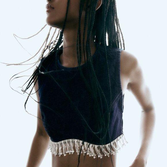 BNWT ZARA JEWEL DENIM TOP DARK INDIGO CROP TOP - REF. 7227/240 SMALL - Picture 5 of 8